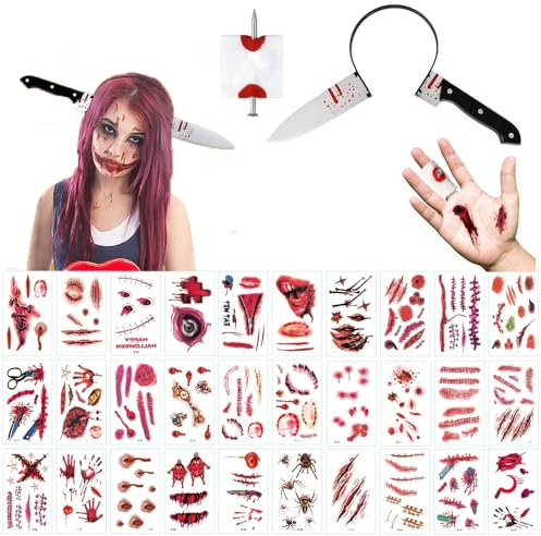 ZELAITE Blutige Schere Messer im Kopf, Halloween make up set, 30pcs Halloween Zombie Scars Tattoo Grusel Zombie Accessoires Horror Kostüm Gruselkostüm (B)
