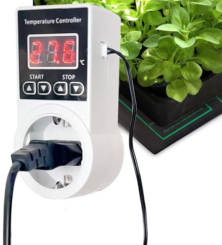 EWENYS Presa Termostato Digitale con Sonda, Presa di riscaldamento, 10 A, Regolatore di temperatura con sensore di temperatura, 2 m, per piante, rettili, incubatore, serra e terrario