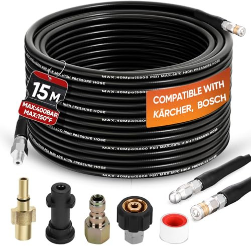 15M/50 FT Pressure Washer Hose - Compatible with Karcher Pressure Washer, 400 Bar/5800PSI Drain Jetter for Pressure Washer Includes 2 adapters, 2 nozzles, Kink Resistant