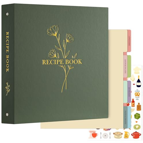 Lanpn Grand Classeur de Recettes Rigide 3 Anneaux, Classeur Souple avec 8 intercalaires et 2 autocollants, Cahier Carnet de Recette Cuisine à Remplir, Livre de Recette, Vert 30 x 31 cm