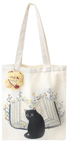 HENGBIRD Geschenke für Katzenliebhaber mit Bären-Anhänger Schwarz Katze Stoffbeutel Bedruckt Faltbare Einkaufstasche Jutebeutel Damen Aesthetic Canvas Handtasche Tote Bag Katzen für Frauen 40 * 30cm