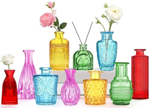 Mini Vasen Glas Set 10er,Bunt Glasvasen für Tischdeko Vintage Blumenvase Hochzeit Office Garden Décor Als Einzugsgeschenk für Freunde und Familie Verwendet Werden