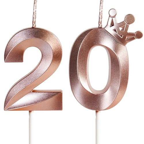 Yiran Geburtstagskerze 20 Zahlenkerze 20 mit Krone, 5cm Roségold Geburtstagskerzen, Kerzen Geburtstag, Tortendeko Geburtstag, Tortendekoration für Mädchen, Erwachsene, 20. Geburtstagsfeier, Jubiläum