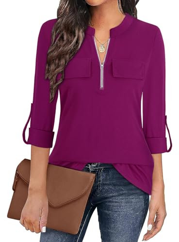 Gemulate Loose Long Sleeve Tops for Women Plus Size V Neck Blouse Womens Tunics Tops for Leggings Fashion Ladies 3 Quarter Sleeves T Shirt Purple Red L