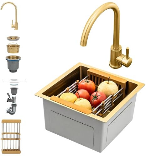 45x45cm Fregadero De Cocina De Acero Inoxidable oro, Un Seno Con Grifo, Fregadero Bajo Encimera o Sobre Encimera, Con Sifón Y Filtro De Drenaje, Fregadero Cocina 1 Seno para Mueble de 50 cm