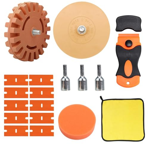 Juego de gomas de borrar con adaptador, disco de goma con adaptador, disco de borrar, eliminador de pegatinas de plástico con 10 hojas de plástico, para eliminar restos de pegamento en el vehículo