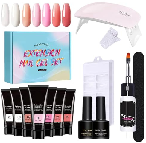 Poly Nail Gel Kit, Poly Extension Nail Kit with UV Light, 7 Colors Toenail Art Nude Thickening Solution for Toe & Girls