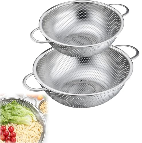 Sieb 2er-Set, Edelstahl Küchensieb mit Griffe, Nudelsieb, Mikroperforiertes Abtropfsieb, Metall Küche Seiher, Siebkorb über für Nudeln Abtropfen, Gemüse und Obst, Reis, Spülmaschinenfest - 19cm/22cm