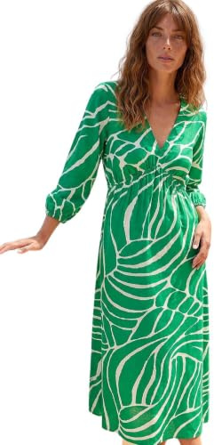 Roman Women Shirred Waist Dress Ladies Spring Everyday Summer Holiday V-Neckline Comfy 3/4 Sleeve Soft Tassle Detail Frock Vacation Gowns Chiffon Maxi Midi Wrap - Green Abstract - Size 14