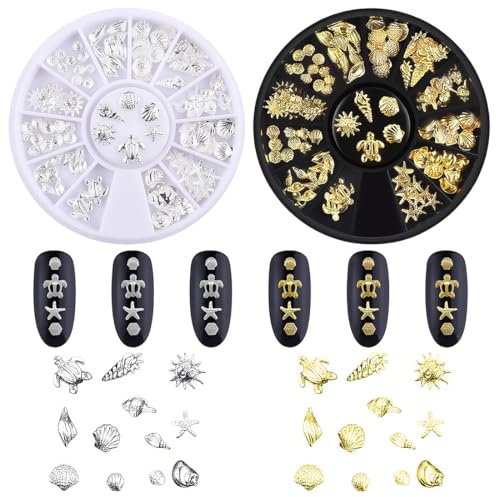 Tomedeks 2 Sets Nail charms, Gold nail gems for nail art, Starfish nail decorations (Gold+Silver)