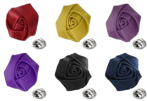 QUARKZMAN 6 Pz Fiori da Revers Borgogna/Viola Scuro/Viola/Nero/Blu Navy/Oro | 2, Fiori di Tessuto Artificiale, per Abiti da Uomo, Spilla da Revers, Rosa in Raso