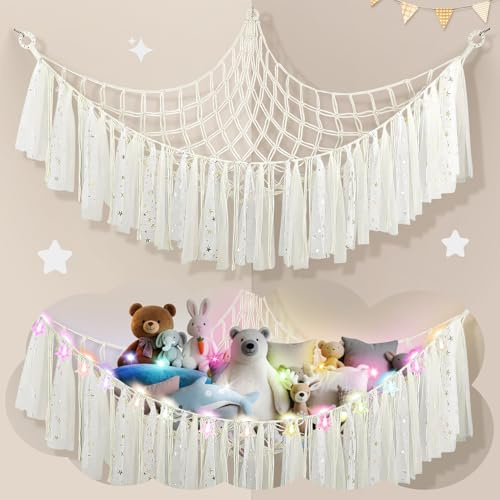 Lunriwis Kuscheltier Aufbewahrung Netz mit LED-Leuchten, Boho Makramee Spielzeug kinderzimmer deko, StofftieStofftier Aufbewahrungstasche Hängematte Aufbewahrung Kuscheltiere Lila