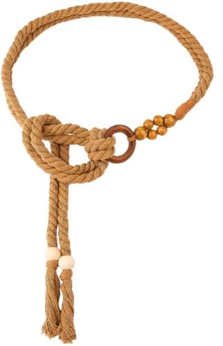 BEAMARKER Cintura da Donna con Nappa Intrecciata, 54.1 Pollice, Marrone, Cintura Sottile Annodata in Stile Boho, Catena in Corda di Cotone Cerato con Anello di Perline di Legno, Accessori De
