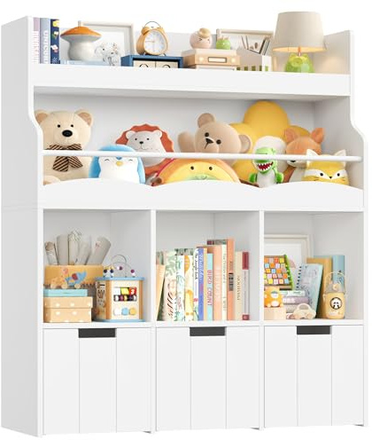 HOCSOK Kid‘s Toy Storage Unit, Children's Bookcase Kids Storage Unit with 3 Removable Boxes and Storage Shelves, Toy Box Organiser for Nursery, Kindergarten, Playroom, 110x100x30cm