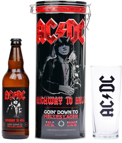AC/DC Highway to Hell Goin’ Down to Helles Lager Gift Pack – 500ml, 4.5% ABV and Branded Glass in a Collectable Tin - Premium Gift by Blue Tree Gifts