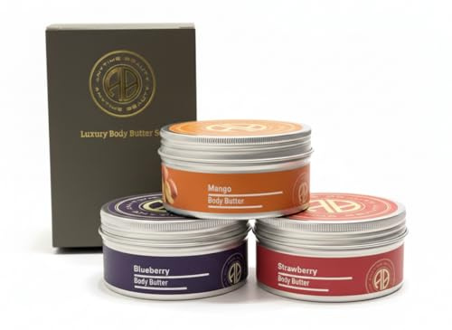 Body Butter Gift Set for Women – 3 x 180g Luxury Fruit Body Butters (Strawberry, Mango, Blueberry) – Vegan Skincare Gift Set, Mothers Day/Birthday Pamper Gift for Her