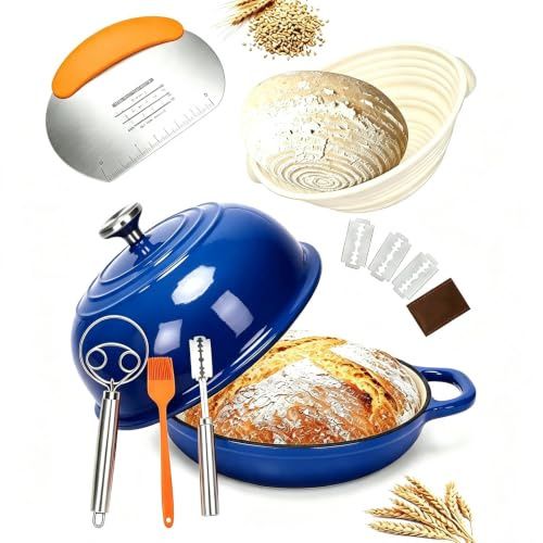GFTIME Cast Iron Dutch Oven with Lid, Bread Baking Pot with Proofing Basket, Single Cutter, Dough Mixer, Sourdough Baking for Kitchen, Braising, 5 Quart, Blue