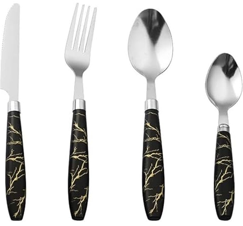 Reldor 24-Piece Marble Handle Cutlery Set – Black Stainless Steel Flatware Set with Knife, Fork, Spoon – Elegant Kitchen Silverware Tableware for Home, Steak, Coffee, or Restaurant Use (Black)