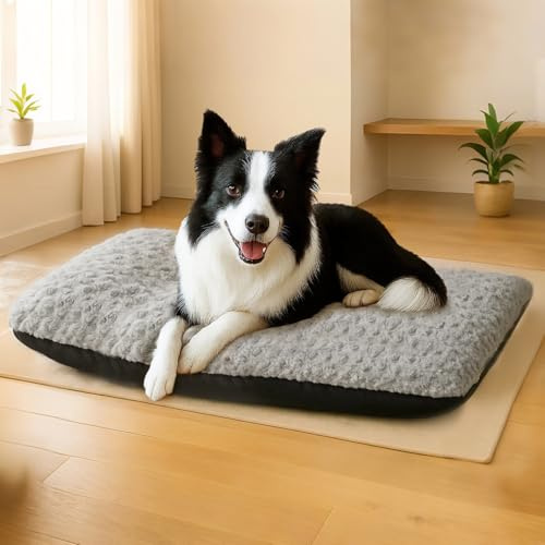 Skylos Large Calming Dog Bed, 90 x 60 cm Plush Dog Cushion, Washable Anti Anxiety Dog Beds Crate Mattress with Anti-Slip Bottom, Pet Pillow Cushion