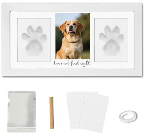 Fanxinzttc Kit de Huellas para Perros, Kit con Marco Conmemorativo de Madera para Mascotas, Arcilla Blanda para Huellas y Almohadilla de Tinta, Opción DIY para Amantes de Perros y Gatos (Blanco)