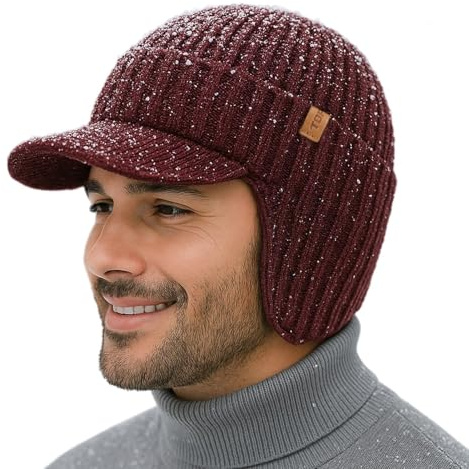 TOP-EX DryKnit™ 80% Merinowolle wasserdichte Schirmmütze Herren, Winter Strickmützen Beanie Hat mit Schirm, Warm Winddicht Wollmütze mit Fleecefutter und Ohrenklappen für Running Camping M/L Rot