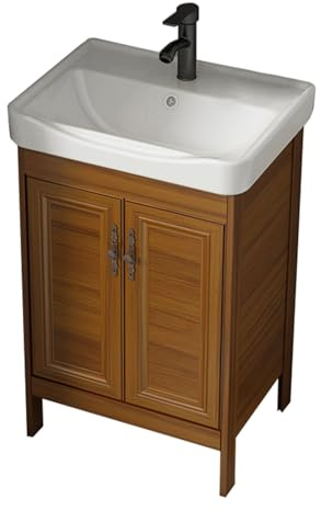 TYMYW Waschtisch mit Unterschrank Stehend mit Füßen Badezimmer Unterschrank mit Keramik Waschbecken und Wasserhahn,Braunes Holz,50Cm