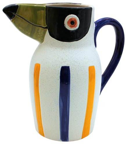 XL Dekovase, Vasenkopf, Papageivase, Blumenvase, Tiervase, Tischvase, Keramikvase Vase als Papagei mit blauem Griff, Vase mit Papagei Dekor aus Keramik in bunt, L/B/H 19 x 11 x 20 cm.