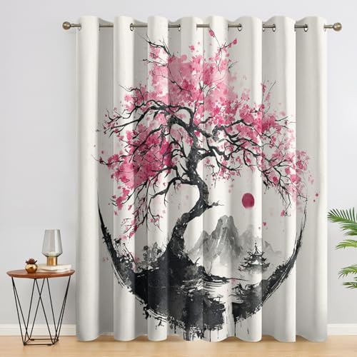 DITHYRAM Chinesisch Vorhänge Mit ösen Blickdicht, Kirschblüten Japanische Vorhang Schlafzimmer Wohnzimmer Küche 140 x 160 cm Lang, Übergardinen Innen Verdunklungsvorhänge