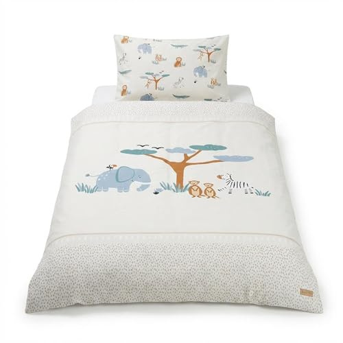 roba Kinderbettwäsche Savanna Friends - Bezug für Bettdecke 100 x 135 cm + Kopfkissen 40 x 60 cm - Bettwäsche Set 2-teilig aus Baumwolle - Beige/Weiß