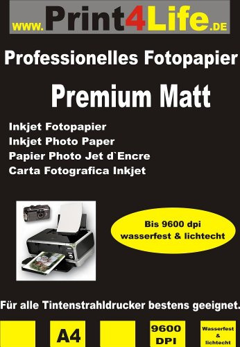 Beidseitig 50 Blatt DIN A4 242g /m² Premium MATT Fotopapier matt - sofort trocken - wasserfest - hochweiß - sehr hohe Farbbrillianz für Tintenstrahldrucker Flyerpapier Broschüren Vorlagen