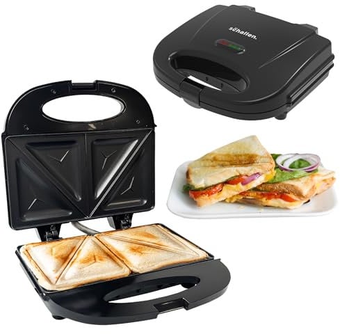 Schallen Black Sandwich Maker Butty Toaster Toastie Maker Making Machine with Non-Stick Coating & Heat Insulated Handle - Safety Thermal Cut-Out, Thermo Control, and Locking System LED Light