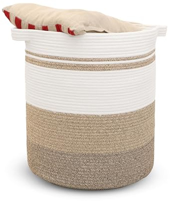 Casa Mina® Aufbewahrungskorb geflochten aus Baumwolle für Kinderzimmer I Schadstofffreie Korb Aufbewahrung aus Naturmaterial I Robuster Baumwollkorb mit Griffen I Wäschekorb geflochten | D45xH50cm