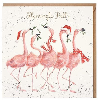 Wrendale Designs by Hannah Dale Weihnachtskarte mit Flamingle-Glocken, Goldfolie, einzeln