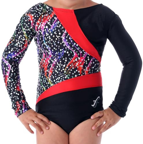 ff FISCHER Turnanzug Mädchen langarm Nela Glitzereinsatz, Gymnastikanzug Damen Turnanzug 8229, Größe: 164, Farbe: schwarz-rot-bunt
