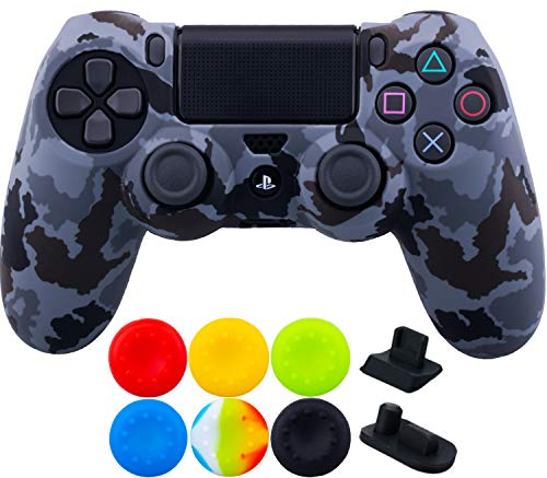 9CDeer 1 cover protettiva in silicone con stampa + 6 impugnature per pollice e tappi antipolvere per controller PS4/Slim/Pro, colore grigio mimetico