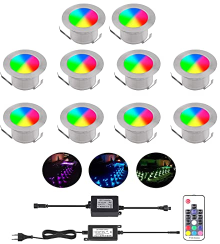 YZGWZLD Terrassen Einbaustrahler Terrassenbeleuchtung RGB 10er Set LED Bodeneinbaustrahler IP67 wasserdicht für außen innen Garten Holzbrücke Pool Holzdeck inkl. 12V Netzteil mini Einbauspots