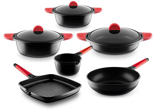 Castey - Batería De Cocina 6 Piezas Inducción Mango Rojo