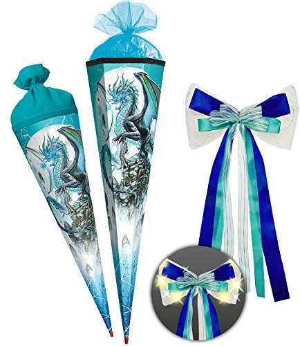 Schultüte - Drache/Eisdrache - 35-100 cm - Größe wählbar - mit Holzspitze - 6 eckig - incl. große LED LICHT - Schleife - Tüllabschluß - Zuckertüte - Roth ..