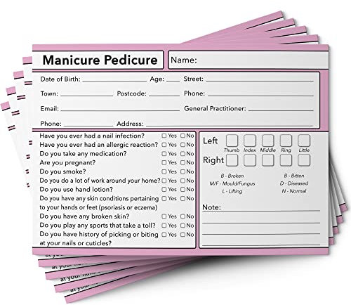 Manicure Pedicure Nail Client Cards GDPR A6 Size - Salon and Therapist Customer Consultation Record - Treatment Services Essentials - Profile and Recording Forms - 105x148mm - Pack of 25