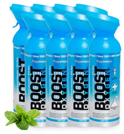 Boost Oxygen - Bombola di Ossigeno Portatile - Bomboletta di Ossigeno Puro e Naturale al 95% - Concentrazione, Recupero, Energia, Umore, Largo - 72Lt,8x9Lt (8x Pacchi- 1200 Inalazioni)- Menta Piperita