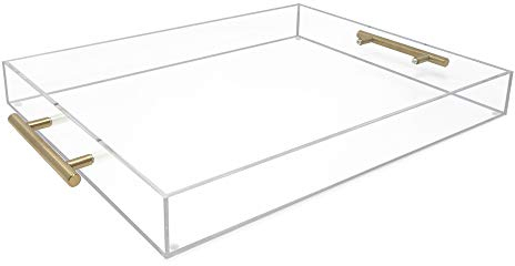 Isaac Jacobs - Vassoio da portata in acrilico trasparente (35,5 x 45,7 cm) con manici in metallo dorato, a prova di fuoriuscite, impilabile, per uso interno ed esterno, decorazione in lucite (35 x 45