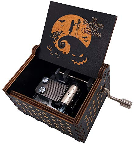 Caja de música pintada de Pesadilla antes de Navidad, con manivela manual, de madera tallada, regalo musical