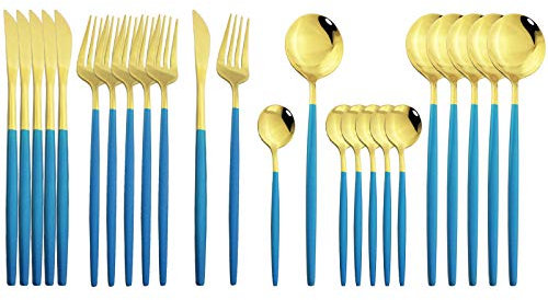 JASHII Couverts 24 Pièces Acier Inoxydable,Ensemble de Couverts Bleu Or Moderne Élégant Service de Vaisselle pour Fêtes, Noël Dîners (Or Bleu)