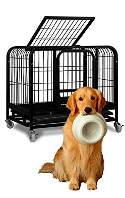 Schwerlast Dauerhaft Hundebox Leicht Zusammenzubauen Hundekäfigkiste Reißfest Quadratische Röhre Hundehütte Selbst-verriegelungsverriegelungen Abschließbare Räder Für Hund Innen Dr-Schwarz 78*54*70cm