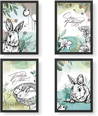 Papierdrachen 4 Premium Poster zu Ostern | DIN A4 | Wandbilder für Wohnzimmer und Küche - Abstrakt - hochwertige Kunstdrucke | Dekoration | Wandbild Set