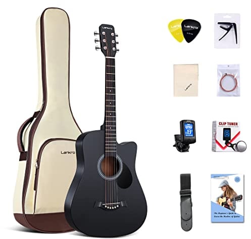 Lankro 38 Zoll Akustik Gitarre für Anfänger Westerngitarre Schwarz Linde Cutaway Guitarra Set mit Gig Bag Stap Learning Book Saiten Strap Tuner Picks Capo Reinigungstuch