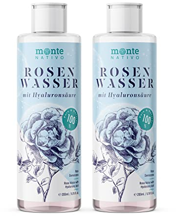 Eau de rose avec acide hyaluronique Monte Nativo 2x200mL (400mL) | Cosmétiques naturels pour le nettoyage du visage | Toner visage et demaquillant | Soin visage | Anti bouton | Soin de la peau