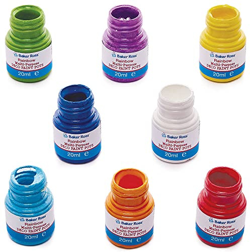 Baker Ross FC743 Rainbow Colours Multi-Purpose Deco Paint Pots for Canvas, Wood, Fabric, Ceramic & Stone, 20ml, Assorted, Pack of 8, Pieces
