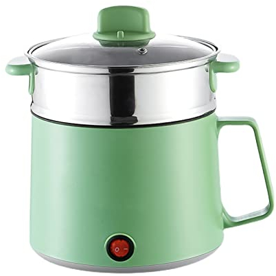 Olla caliente eléctrica, sartén eléctrica multifuncional de 1.7 L para freír/guiso/vapor, mini cocina eléctrica portátil para sopa, gachas, albóndigas, huevos, pasta, fideos (verde de acero inoxidable