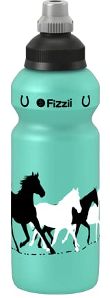 Fizzii Kinder- und Freizeittrinkflasche 500 ml, Motiv Pferd, Farbe mint (auslaufsicher bei Kohlensäure, schadstofffrei, spülmaschinenfest)